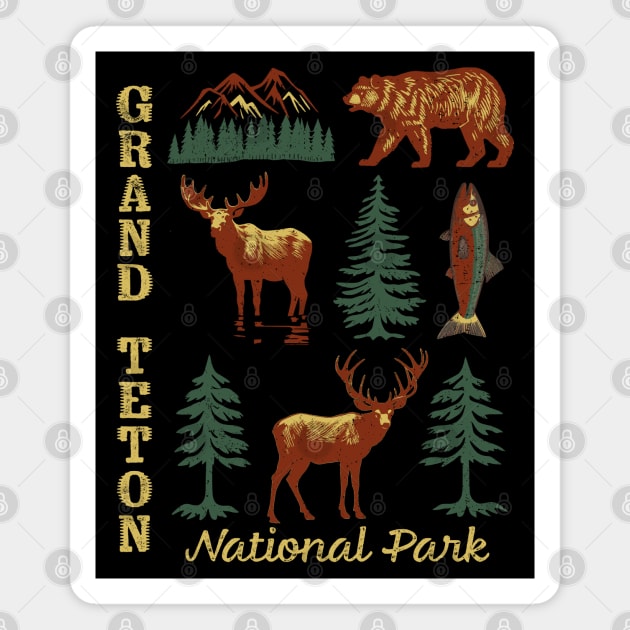 Grand Teton National Park Distressed Mountain Trees Moose Bear Fish DeerSouvenir Magnet by Pine Hill Goods